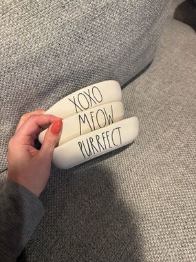 Rae Dunn Set of 3 White Ceramic Cat Bowls with Black Lettering